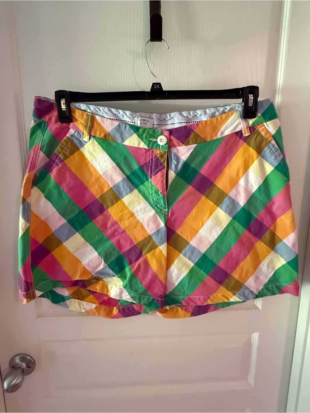 crown & ivy Multicolor Plaid Cotton Shorts - Green, Pink, Yellow